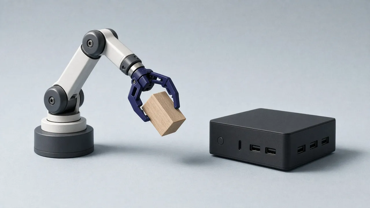 A small desktop robot arm holding a wooden block, with a blue gripper, beside a mini PC