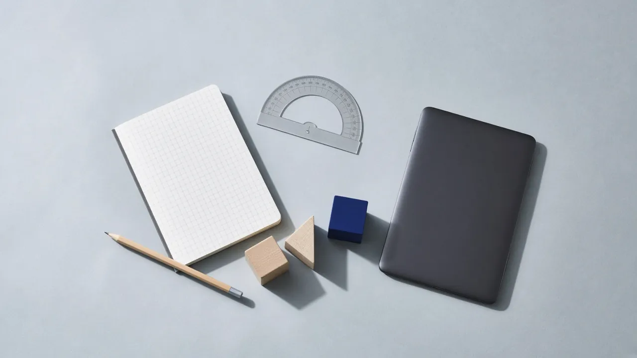 A notebook, pencil, protractor and wooden blocks with one blue cube beside a tablet