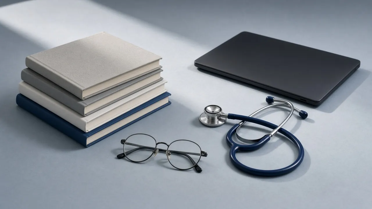 Stacked books, reading glasses and a blue stethoscope beside a closed laptop