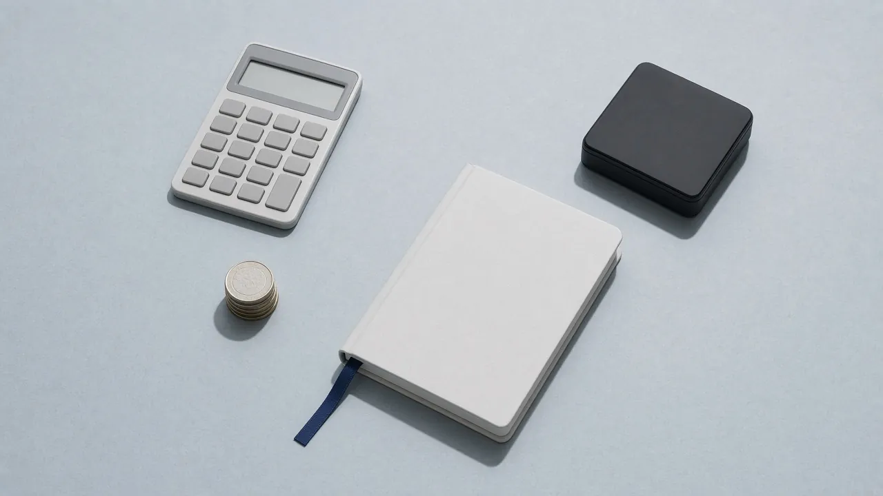 A calculator, a notebook with a pen and a black mini PC on grey paper