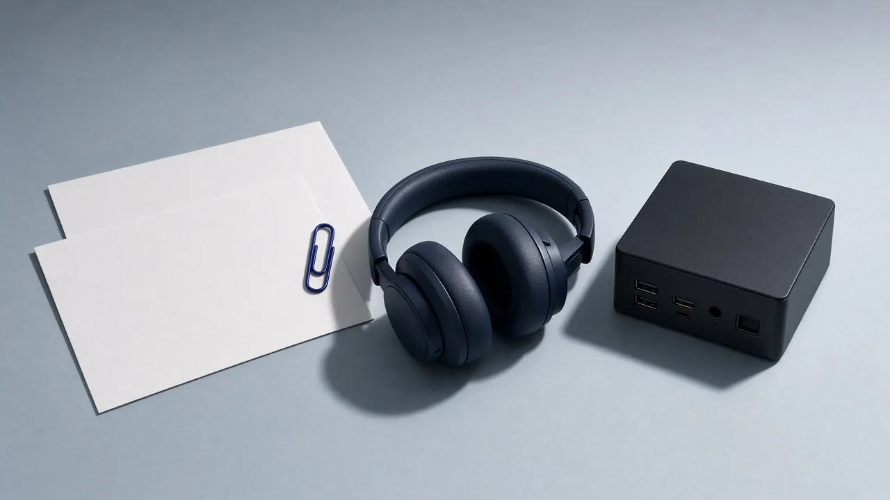 Paper sheets with a blue paperclip, blue headphones and a black mini PC