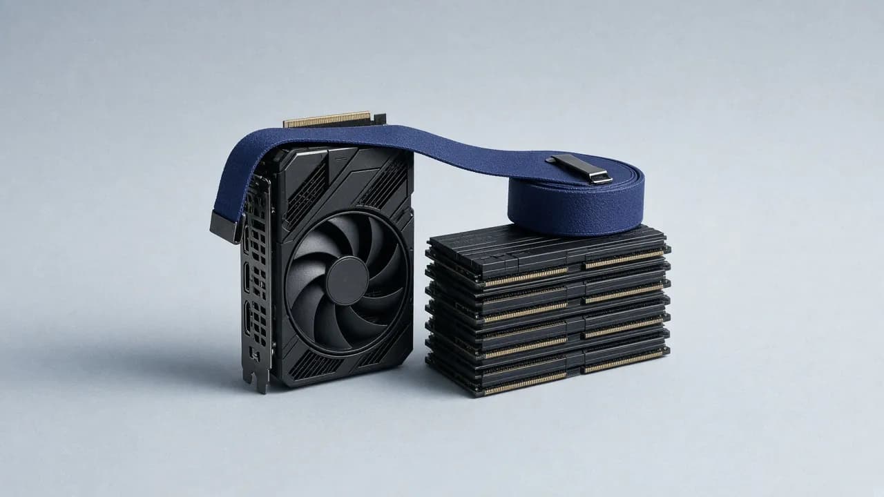 An unbranded graphics card beside a stack of memory modules, wrapped with a blue strap, on light grey paper