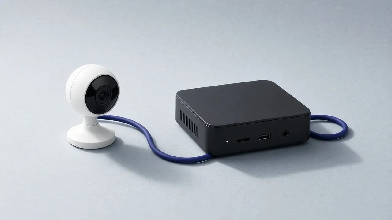 A small white home security camera wired with a blue cable to a black mini PC