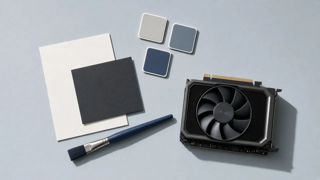 Paper swatches, a sketch board and a brush with a blue handle next to a graphics card