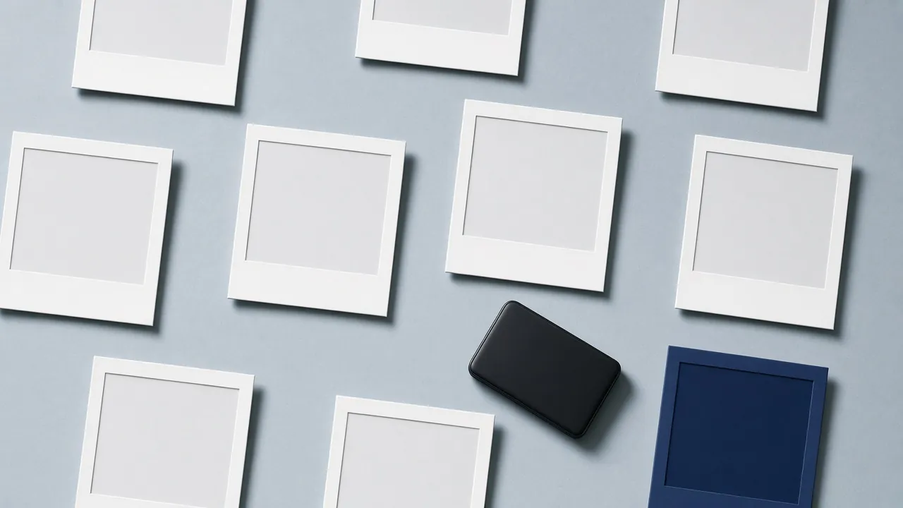 Blank instant-photo prints scattered around a phone and one blue frame