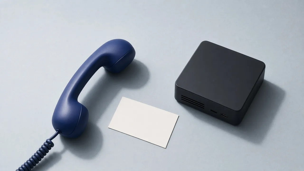 A blue telephone handset with coiled cord beside a black mini PC and a business card